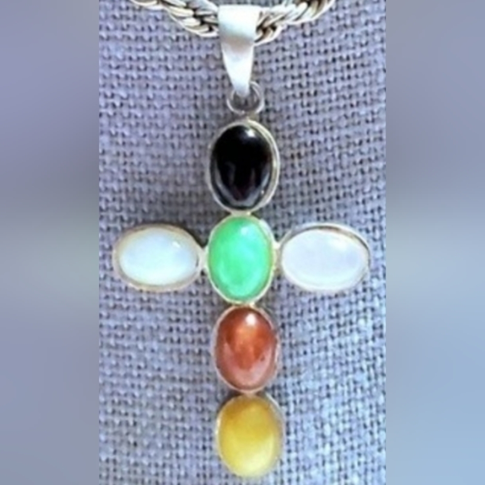 Cross Pendant Multicolor Stones 925 Sterling Silver Vintage